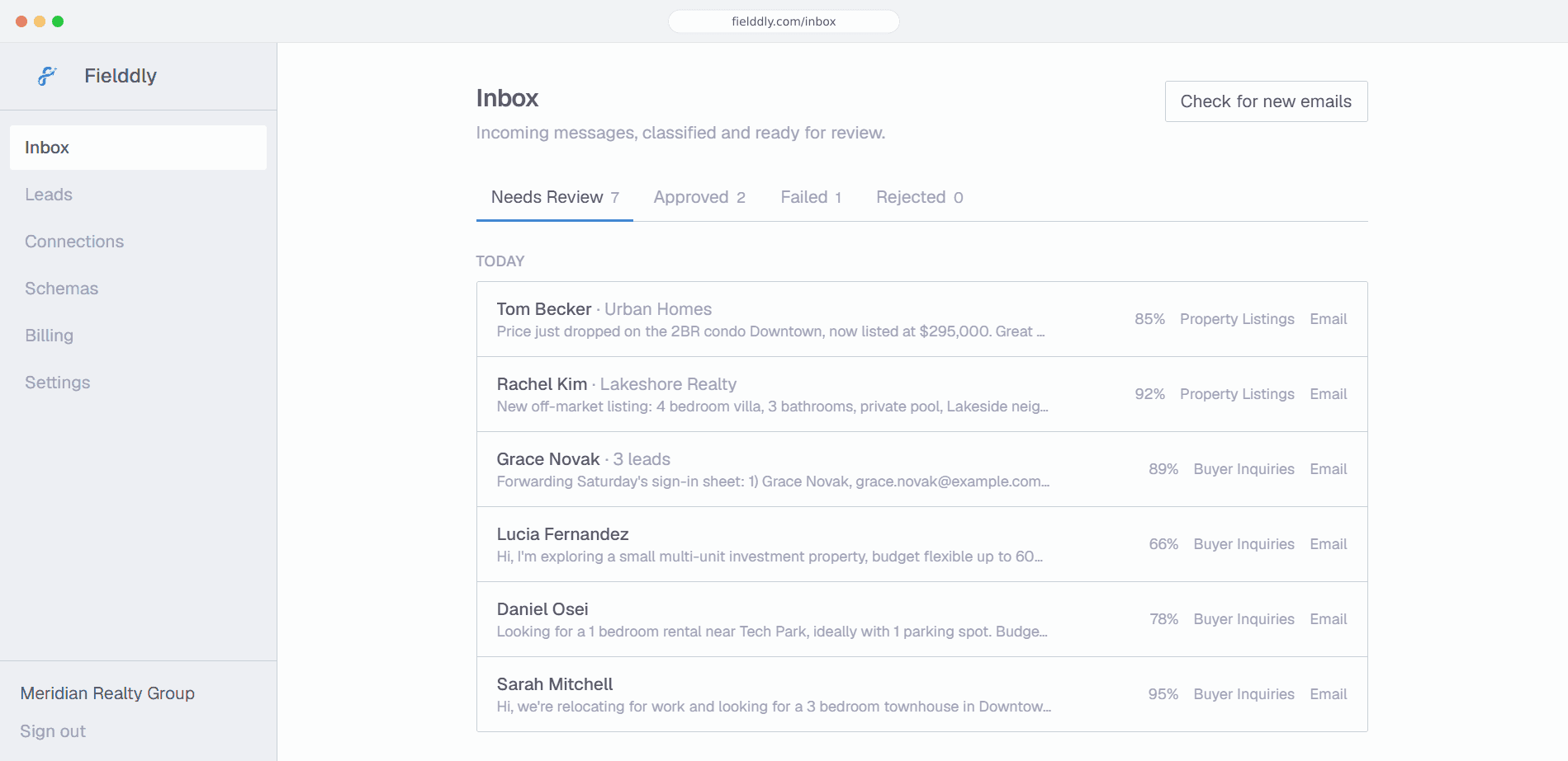 Fielddly inbox showing incoming messages classified and ready for review